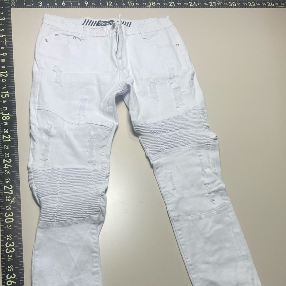 GSTR White Straight Distressed Ribbed Denim Jeans Men's 5-Pocket Cotton